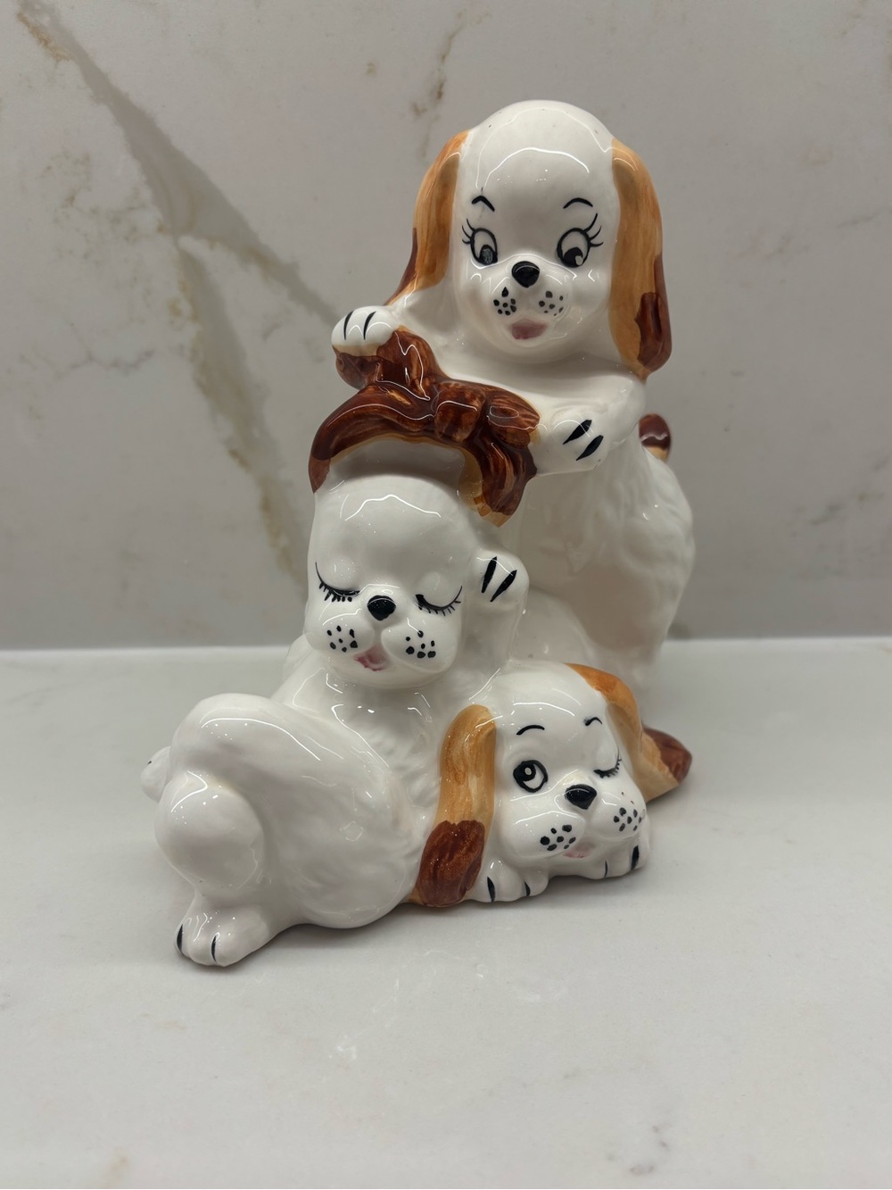 Vintage Ceramic Trio of Playful Cocker-spaniel Puppies Coin Money Bank